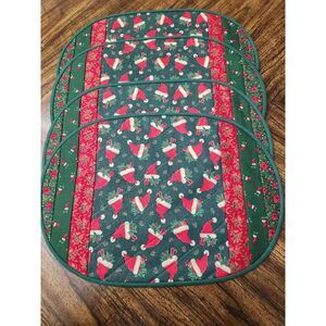 New 4 Piece Set Handmade Quilted Reversible Santa Hats Oval Placemats 18" X 13"